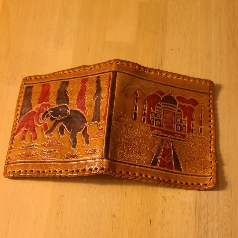 Artisan Tan Leather Wallet with Elephant Design
